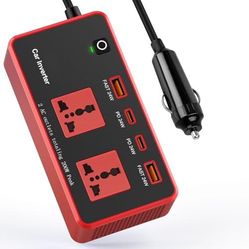 Myants 200W Car Power Inverter, Fast Charɡer Adapter 12V DC to 220V AC Converter Vehicle Plug Adapter Outlet, Dual 24W PD USB-C/ QC3.0 4.8A USB Ports Car Outlet for Laptop Road Trip (Red)