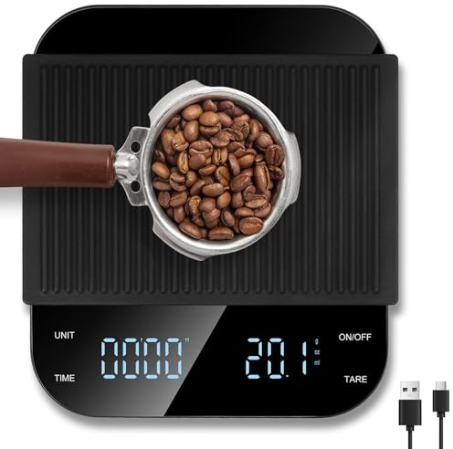 Vankarr Digitale Kaffeewaage mit Timer, Espresso Waage mit 0,1g Präziser Graduierung, USB Aufladbar Feinwaage Mini Küchenwaage, Durchflussmessung Coffee Scale mit Tara Funktion, Max 3kg