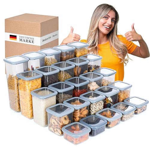 astor24 PREMIUM Vorratsdosen Set mit Deckel Luftdicht | 25er Vorratsbehälter | BPA-FREI | Müsli Mehl und Zucker | 0,4-2 Liter | 5 Größen | Aufbewahrung & Organisation