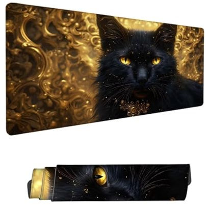 Schwarz Mauspad XXL 1200x600mm,Mousepad Katze Schreibtischunterlage,Wasserdichter Gaming Mauspad,Desk Mat mit Genähten Kanten,Mouse Pad mit Rutschfester Gummiunterseite Gaming Zubehör,Geschenk Hs-765