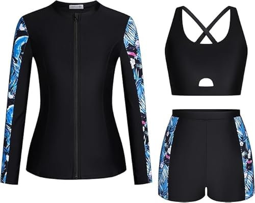Kate Kasin Women's Rash Guard Set Langärmelige Zip Up Jacke Gepolsterter Sport-BH Boyshorts für Wassersport Schwarz-Blau Blätter M