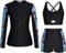 Kate Kasin Women's Rash Guard Set Langärmelige Zip Up Jacke Gepolsterter Sport-BH Boyshorts für Wassersport Schwarz-Blau Blätter M