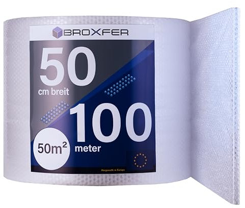 Broxfer Luftpolsterfolie Rolle 50cm x 100m Polsterfolie für Umzug/Versand 2-schichtig Verpackungsfolie Knallfolie LPF