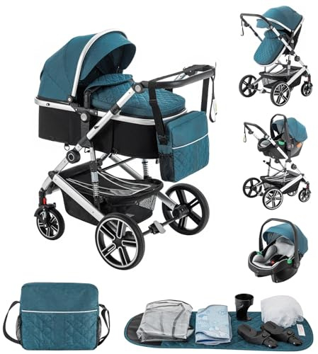 Lnhcrbs Baby Stroller 3 in 1, According to ECE R129, Travel Stroller is Foldable, Lightweight Pram Frame in Aluminium with Shock Absorbing System, Suitable for 0-48 Months, 22 Kg,Blue