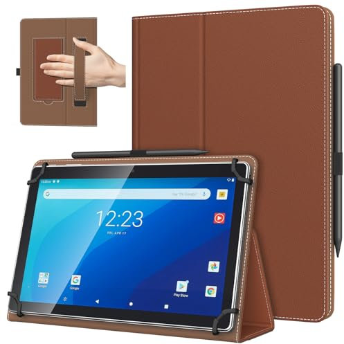 TiMOVO Funda Universal para Tableta Android de 10,1 Pulg. con Bucle para Lápiz, Funda Plegable y Ligera de Pie con Correa para Todas Las Tabletas con Pantalla Táctil de 9-11 Pulgadas, Castaño