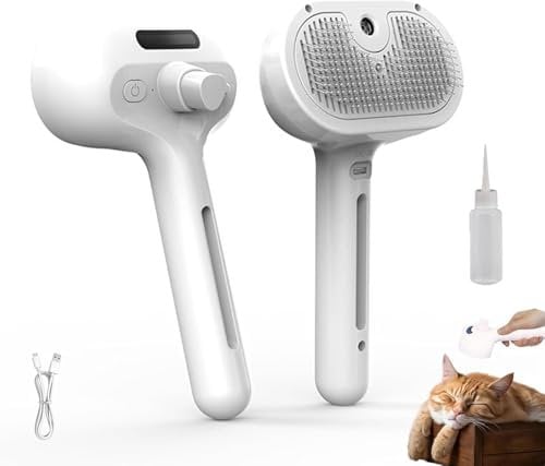 3 in 1 Massage Brushes with Handle,Pet Spray Hair Removal Comb with Steamer,Rechargeable Cleaning Spray Comb Suitable for cats and dogs (White)