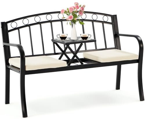 EROMMY Gartenbank mit Klapptisch, 2in1 Sitzbank mit Sitzkissen, Metall Balkonbank für Garten, Park, Balkon,Flur, 125B*57T*83.5H cm