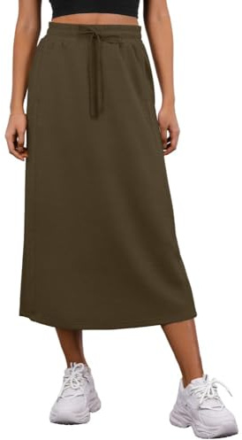 PrinStory Women's Midi Skirts Summer Elasticated Waist Ladies Skirts With Pockets And Back Split
