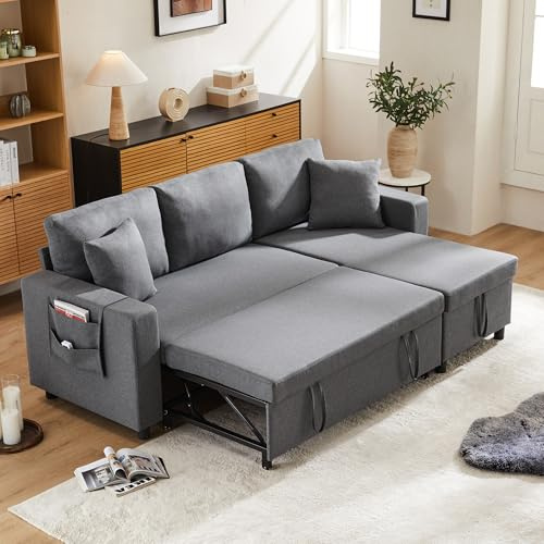 MOBETTRES Schlafsofa mit Schlaffunktion, L-förmiges Sofa, Sofa-Chaiselongue mit Stauraum, mit Taschenaufbewahrung, Wohnzimmer-Schlafsofa, Links und rechts austauschbare Chaiselongue