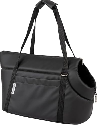 BOUTIQUE ZOO Hundetragetasche L bis 12 kg – Transporttasche für mittelgroße Hunde & Katzen – weich, faltbar & waschbar – 42×29×33 cm – Schwarz/Kunstleder