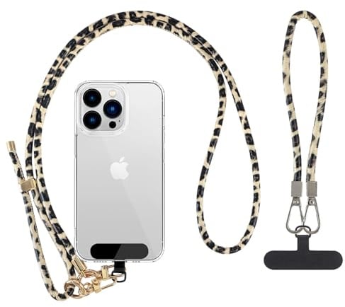 Reownest Handykette Universal zum Umhängen, Handy-Halsband mit 2 Patches, Leder Handy Lanyard mit Leopardenmuster, Handy-Handgelenkband Kompatibel mit den meisten Smartphones, Khaki