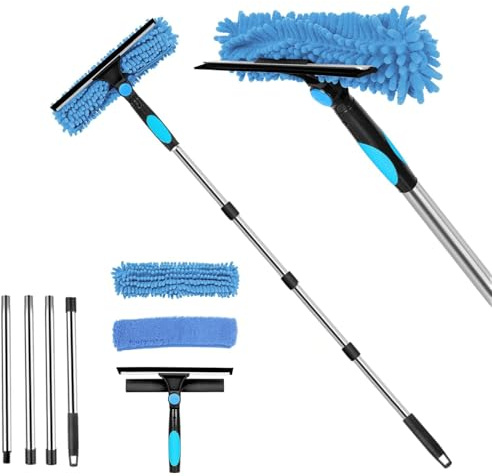 BigKing Palo Limpiacristales Extensible, Azul, Microfibra de Limpiador de Cristales con Escobilla de Silicona, Profesional Limpiar Ventanas por Fuera, Azulejosm, Coche (Azul, 4 Palo)