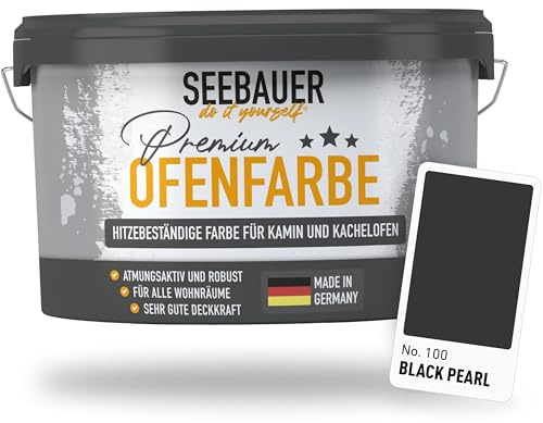 SEEBAUER diy Ofenfarbe Schwarz für Innen 2,5L (No. 100 Black Pearl) - Hitzebeständige Wandfarbe für Putz, Beton & Mauerwerk - Abwaschbare Farbe für Kamin und Kachelofen
