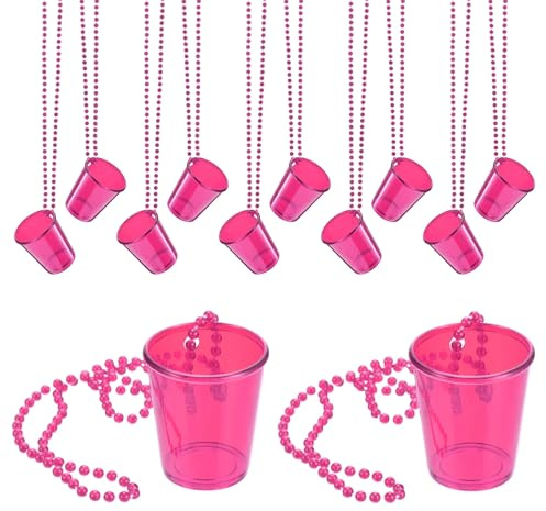 sourcing map 12pcs 12 oz Shot Glass Necklaces Clear Bright Pink | Shot Cups on Beaded Plastic Glass Cups Bead Chain for Party Favors Birthday Wedding Festival Accessories Party Supplies