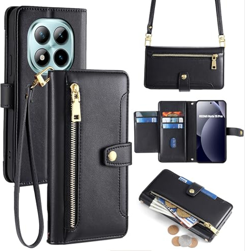 betterfon Handyhülle mit Portemonnaie für Xiaomi Redmi Note 15 Pro 5G - Tasche mit Reißverschluss, 5 Kartenfächer und 2 abnehmbare Ketten, Schwarz