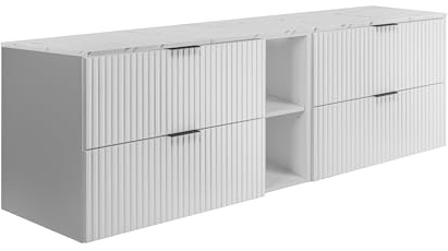 3E 3xE living.com Wandhängender Badezimmerschrank, weiß/Arbeitsplatte aus weißem Marmor-Optik (MDF), 180 x 57 x 46 cm