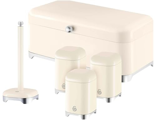 Swan Solace Cream Kitchen Storage Set – Bread Bin, 3 Canisters & Kitchen Roll Holder – Cream Gloss Finish with Chrome Trim – Coordinated Modern Kitchen Organisation
