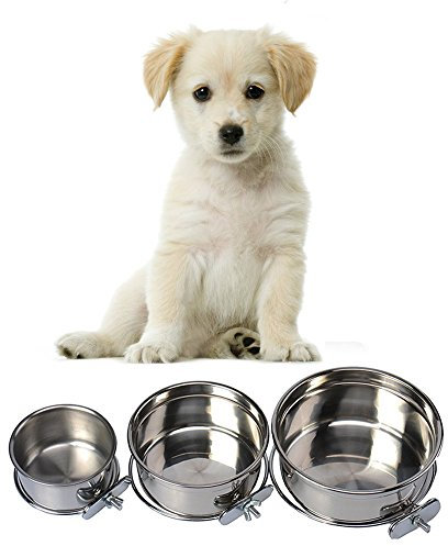 Pet Dog Coop Cups Stainless Steel Feeding Bowl with Clamp - Detachable Dog Cat Cage Kennel Hanging Bowl Metal Food Water Feeder (M)