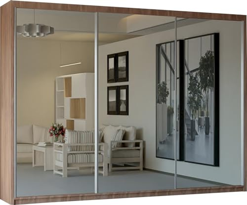 SLIDING WARDROBE 4U Mirror Sliding 2 or 3 Door Wardrobe with LED Light 90cm/120cm/150cm/180cm/203cm/250cm White-Black-Grey-Walnut-Wenge-Oak (Walnut, 250cm)