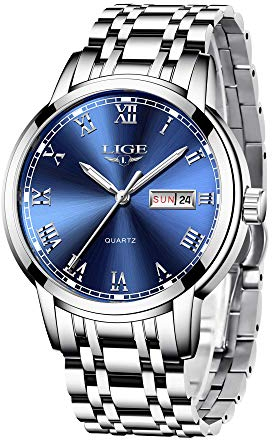 LIGE Armbanduhr Herren Silbrig, Herrenuhr Quarz-Analoguhr, Uhr Herren mit Kalender, Schwarz Edelstahlarmband 3ATM Wasserdicht, Leuchtzeiger-Display, Schöne Geschenke, Business Outdoor Erholung