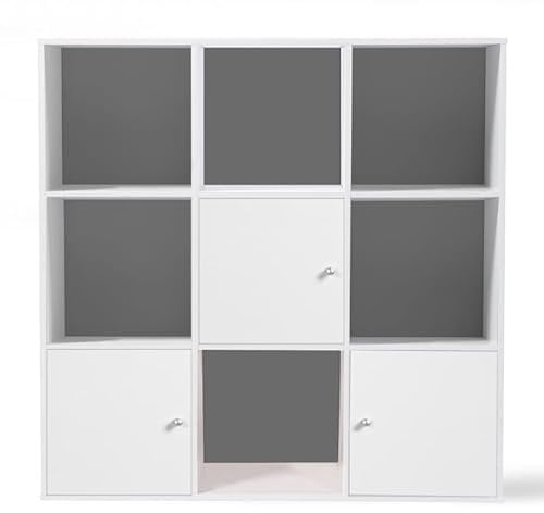 IDMarket – Mueble de almacenamiento cubo Rudy 9 cajas madera blanca con 3 puertas fondo gris