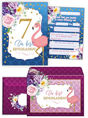 JuNa-Experten 12 Einladungskarten incl. 12 Umschläge zum 7. Kindergeburtstag Mädchen Flamingo Einladungen zum siebten Geburtstag
