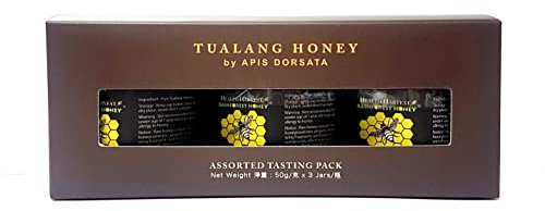 Miel Tualang 50g x 3 pots (miel noir, rouge, jaune) | TA 9,5+ à 11,5+ | Nombre de pollens 2,4 M+ à 3,2 M+ | Variété de pollen 100+ | Cru, non pasteurisé, non filtré