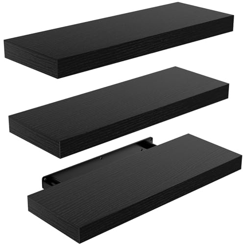 Amada 3er-Wandregal 40 cm für Badezimmer/Wohnzimmer/Schlafzimmer, Schwarz | Schweberegal mit verdeckten Metallhalterungen, je Brett bis 10 kg, glatte MDF-Platten, flexible 3er-Anordnung, einfache Mont.