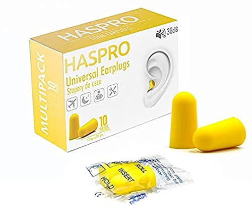 HASPRO Multi10 [10 Paar Pack] Super weiche Schaumstoff-Ohrstöpsel, 38 dB höchster SNR, jedes Paar einzeln verpackt, Ohrstöpsel für Schlafgeräuschunterdrückung, Ohrstöpsel zum Schnarchen (Gelb)