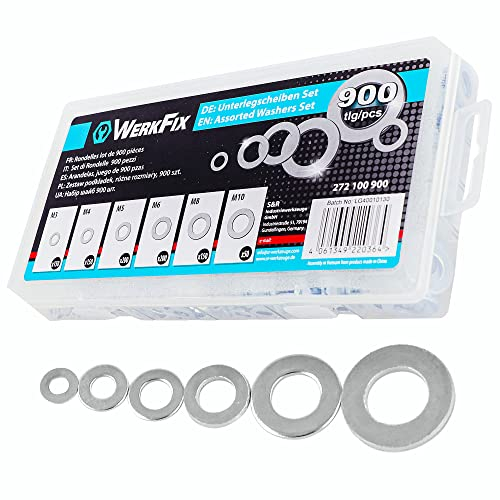 WerkFix Unterlegscheiben Set, 900 tlg Sortiment, Flach, 6 gängige Größen, M3, M4, M5, M6, M8, M10, hitze- und korrosionsgeschützt, in transparenter Box, Beilagscheiben, Sicherungsscheiben