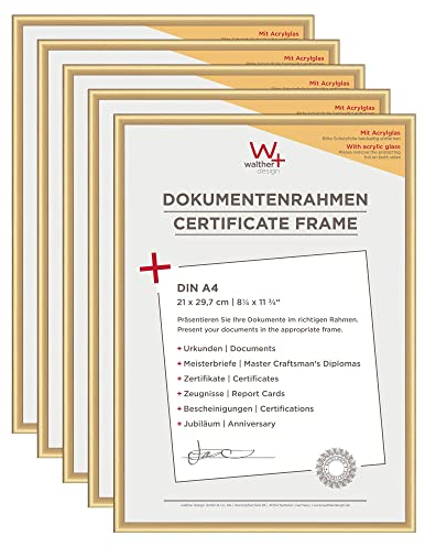 walther design Bilderrahmen gold 21 x 29,7 cm (DIN A4) mit Kunstglas 5er Pack, New Lifestyle Kunststoffrahmen KVX130G5