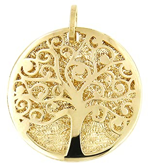 Lucchetta - Baum des Lebens Anhänger in 14K Gelbgold mit Diamant-effekt Medaille, Durchmesser 17mm, Goldanhänger Damen Mädchen 585 Echtgold für Kette (bis zu 4 mm) - hergestellt in Italien