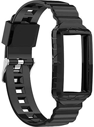 Chofit Straps Compatible with Fitbit Charge 5 Strap, Replacement Wristband Rugged Band with Bumper Case Protective Cover for Charge 5/Charge 4/Charge 3 (Black)