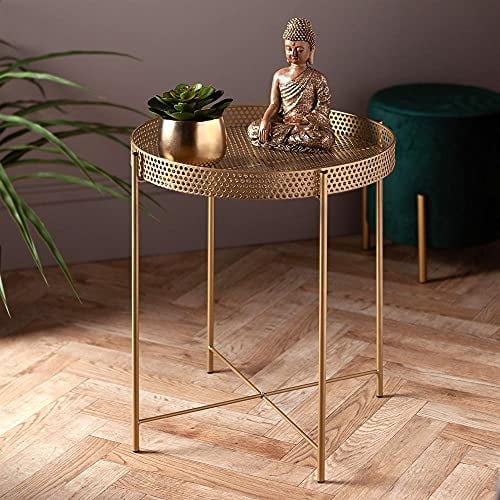 IFJA Round Coffee Table with Removable Top Metal Tray | Easy Assembly Bedside Table for Snack with Crossed Metal Legs | Living Room Balcony Home Décor Versatile Golden Round Table | 47x43x43cm