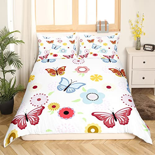 Parure de lit papillon fille 220 x 240 rose bleu papillon fleurs ensemble de literie ferme fleur branche plante housse de couette enfants femme romantique chambre décor 3 pièces, fermeture éclair