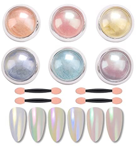 Nail Powder, 6 Color Mirror Effect Nail Art Chrome Powder Mermaid Pearl Aurora Neon Powder Holographic Nails Glitter Powder Manicure Pigment