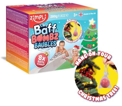ZIMPLI - 8 x Bauble Baff Bombz, Christmas Tree Decorations, Bath Fizzers, Stocking Fillers for Kids, Bath Bomb Gift Set, Xmas Gift Set for Children