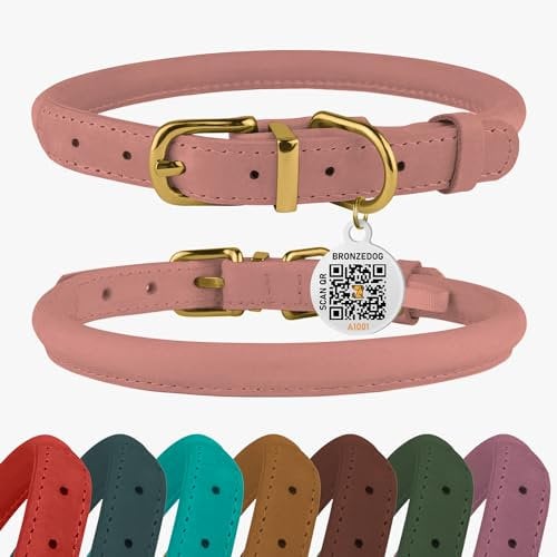 BRONZEDOG Hundehalsband aus gerolltem Leder mit QR-ID-Tag, verstellbar, weiche runde Halsbänder für kleine, mittelgroße und große Hunde, Welpen, Katzen (Rosa, 18-25 cm)