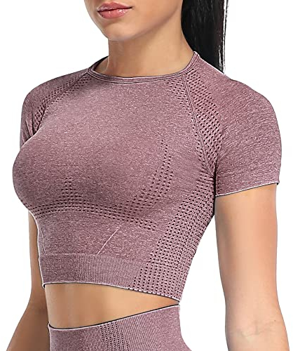 Yaavii Sport Oberteile Damen Kurzarm Gym T-Shirts Bauchfrei Crop Top Fitness Weinrot M