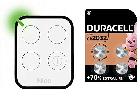Nice SPA Era One Télécommande 3 canaux 433,92 MHz bidirectionnelle, Code : ON3EBD, Blanc & Duracell 2032 Pile Bouton Lithium 3V, Lot de 4, avec Technologie Baby Secure, pour Porte-clés