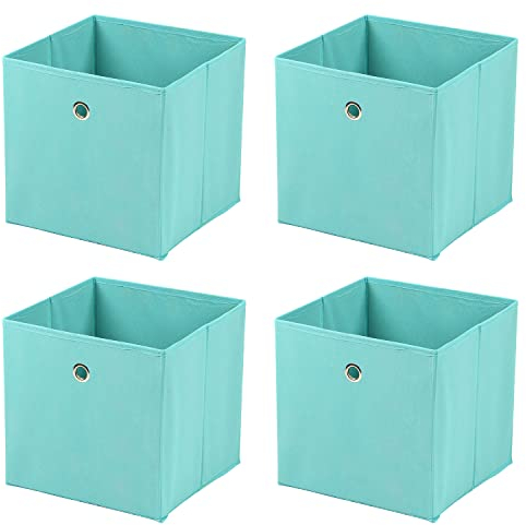 Taylor & Brown Set of 4 Large Foldable Square Storage Cubes, Fabric Organiser Canvas Cube Boxes Collapsible for Home, Bedroom, Nursery Office, Playroom Toys, 30x30x30cm (Turquoise)
