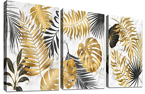 3 Pcs Cadre en bois Impression sur Toile Marbre aux feuilles d'or abstraites Image sur Toile Peinture Tableau Decoration Murale Salon Chambre Maison Décorations Prêt À Accrocher 150x70cm(20x28x3pcs)