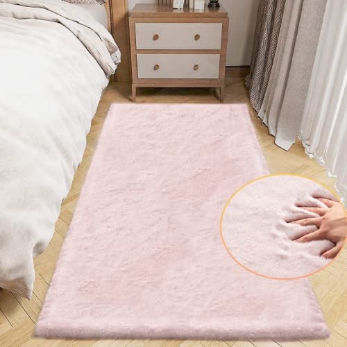 ORINOVA Teppich Läufer Schlafzimmer Flauschig Waschbar Rosa 60x180 cm Fellteppich Bettvorleger Kunstfell Kurzflor Teppich Wohnzimmer Kinderzimmer Weich Deko Rechteckig