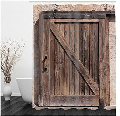 Whoiy Duschrollo Lang, Duschvorhang Ecke 165X200cm Polyester Bath Curtains Holztür Braun Waschbar Wasserdicht