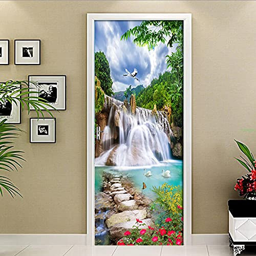 Stickers Porte 3D 77X200Cm Papier Peint Paysage De Cascade De Jardin Poster De Porte Trompe L'Oeil Pour Maison Décoration Salon Chambre Autocollant Muraux Imperméable Stickers Amovibles