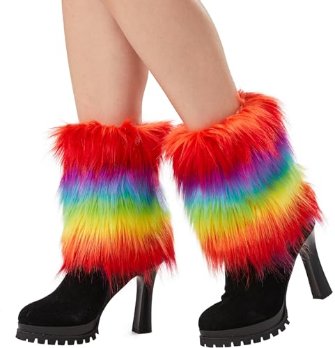 Nanxson Damen Mädchen Stulpen Furry Fuzzy Beistulpe Beinwärmer Kurz Beinlinge Strumpf (Langer Regenbogen)