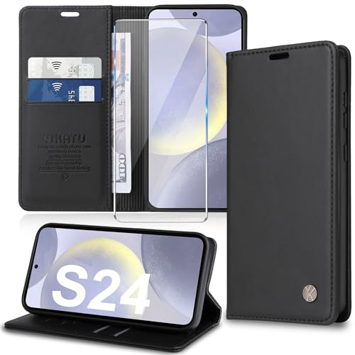 Handyhülle für Samsung Galaxy S24 Hülle mit S24 Schutzfolie [Premium PU Leder] Klapphülle Galaxy S24 Hülle Ständer Kartenfach Magnetic Flip Case Klappbar Schutzhülle für Samsung S24 5G