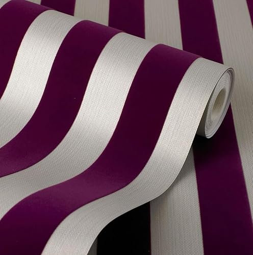 Exclusive Tuscany Velvet Flock Purple Beige Brown Stripe Wallpaper J812