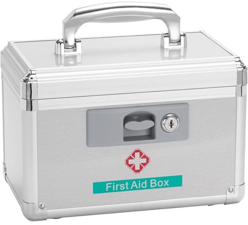 GODLONSEN Lockable Medicine Box, 10''x 6''x 6.7'', Medication Lock Box with Key, First Aid Safe Medication Storage Box for Home Outdoor School Hospital, Silver, Small