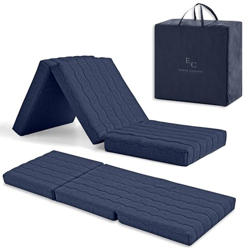 ErossConfort Faltbare Matratze für Wohnmobile, 65 x 195 cm HD-Schaum + 2 cm viskoelastische Matratze, faltbar, atmungsaktiv, Abnehmbarer Bezug, Höhe 12 cm, Blau. Mit Tasche und Kissen.